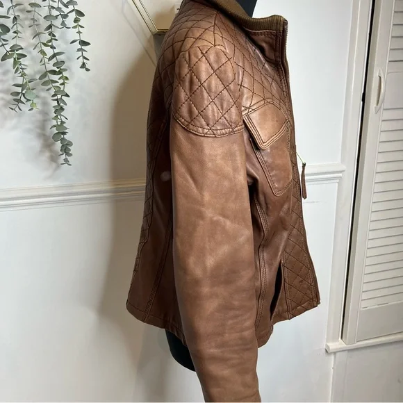 Michael kors brown tan leather with wool collar aviation style bomber jacket xl - Picture 3 of 12